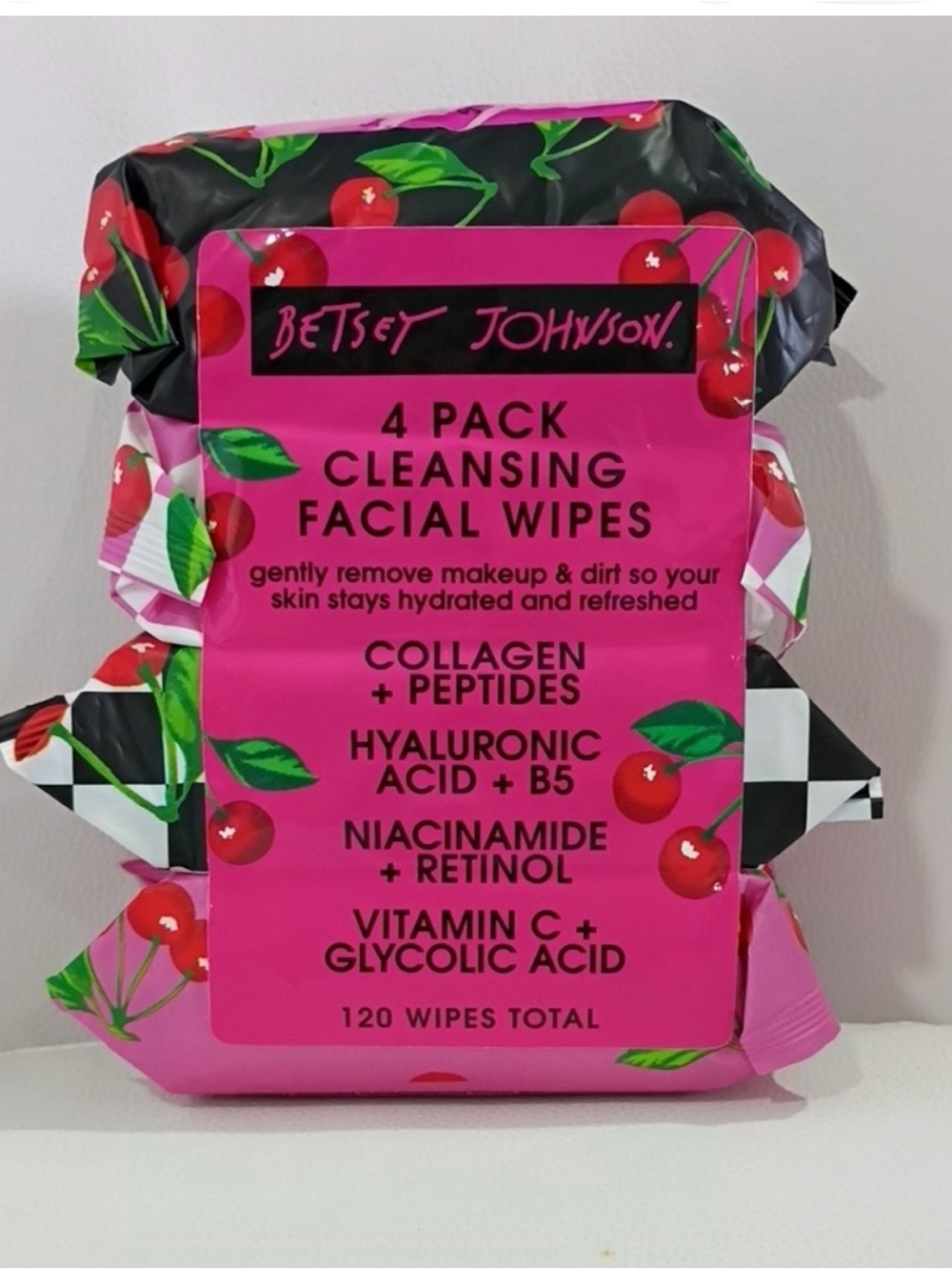 ๐ Betsey Johnson Cherry Vitamin C + Collagen Cleansing Facial Wipes - 4 Pack - Picture 4 of 4